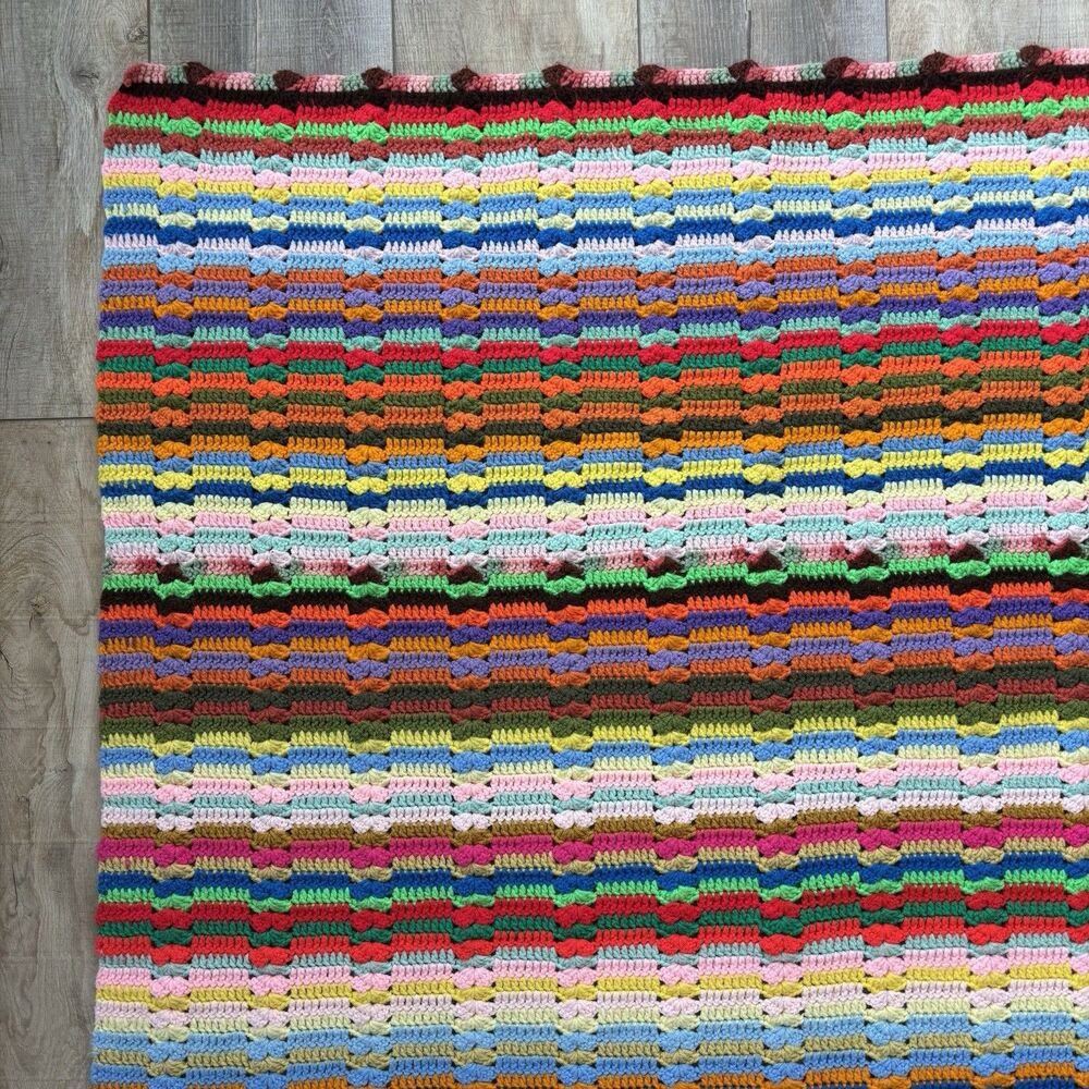 Vtg Handmade Crochet Lap Blanket Afghan Throw 51”x62” Multicolor Stripe Rainbow - Picture 4 of 10